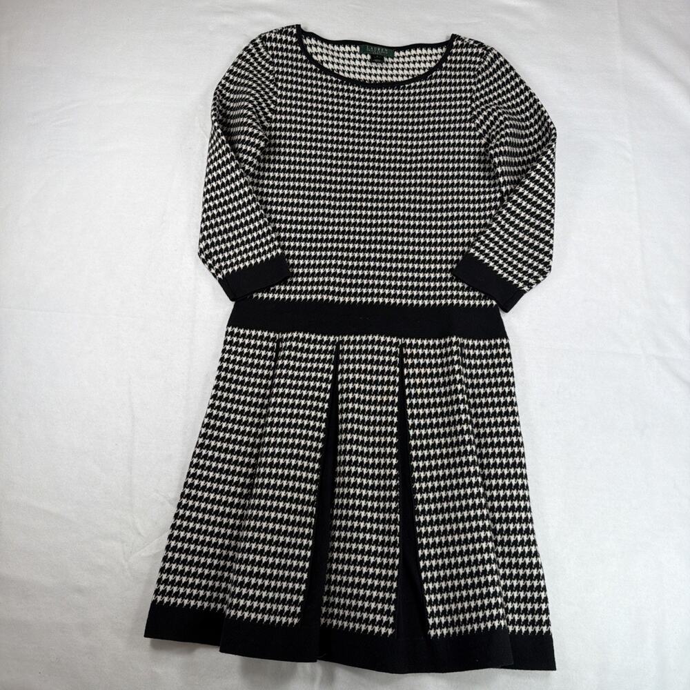Lauren Ralph Lauren Houndstooth Sweater Dress M Black White Fit Flare Pleated